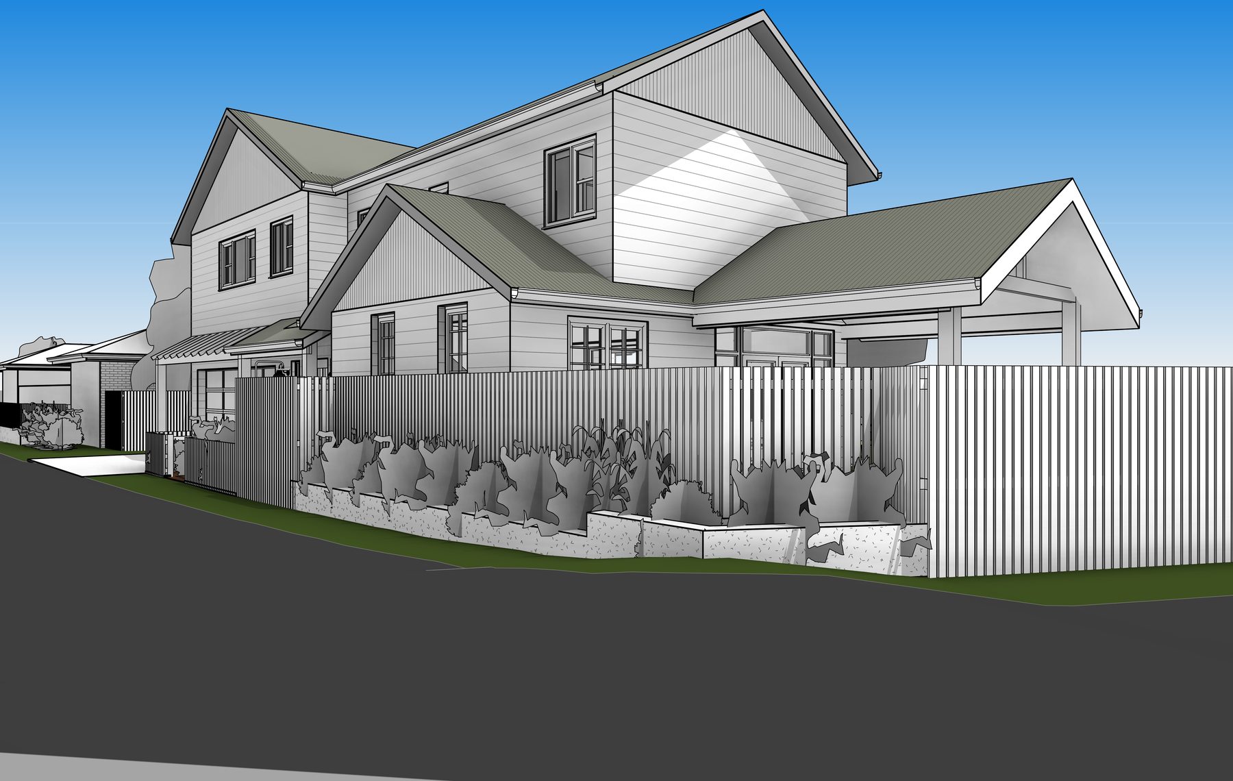Rendered lane-facing corner view of Umina Beach House