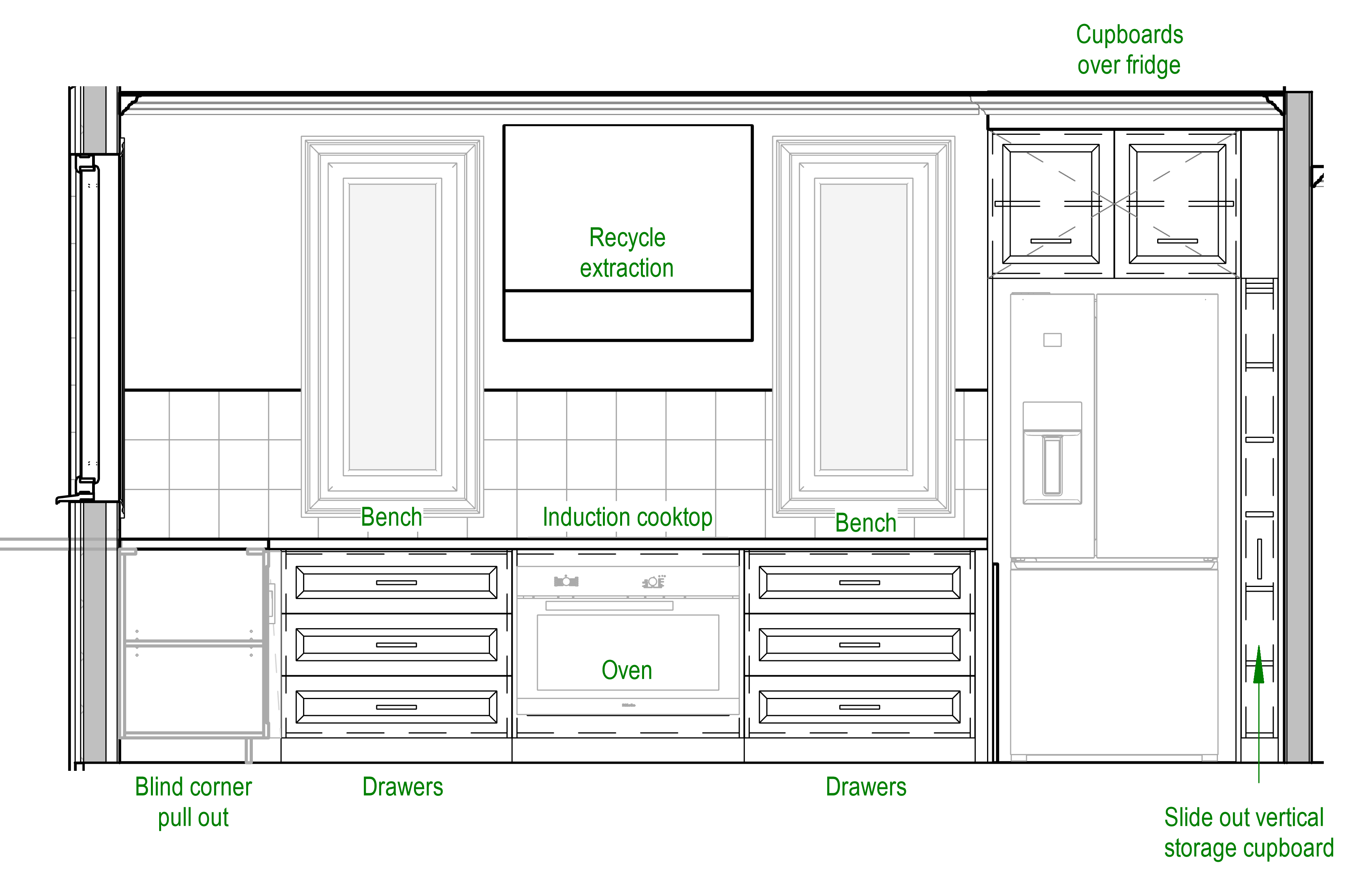 Technical elevation drawing of Umina Beach House kitchen joinery